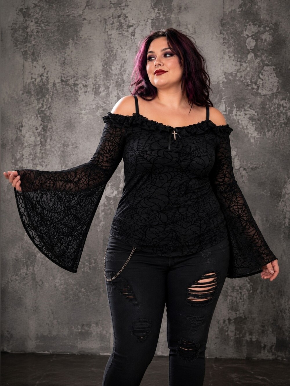 HOT TOPIC Cosmic Aura Spiderweb Cold Shoulder Bell Sleeve Top Halloween Witchy